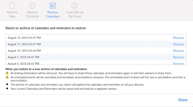 restore icloud.ocm calendars