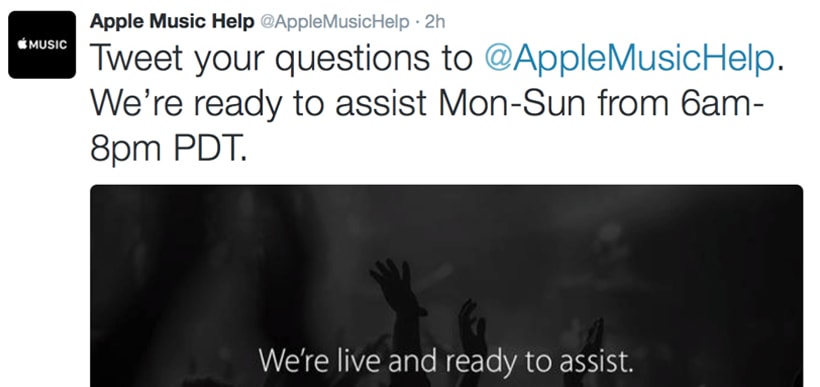 Apple Music Now on Twitter @AppleMusicHelp